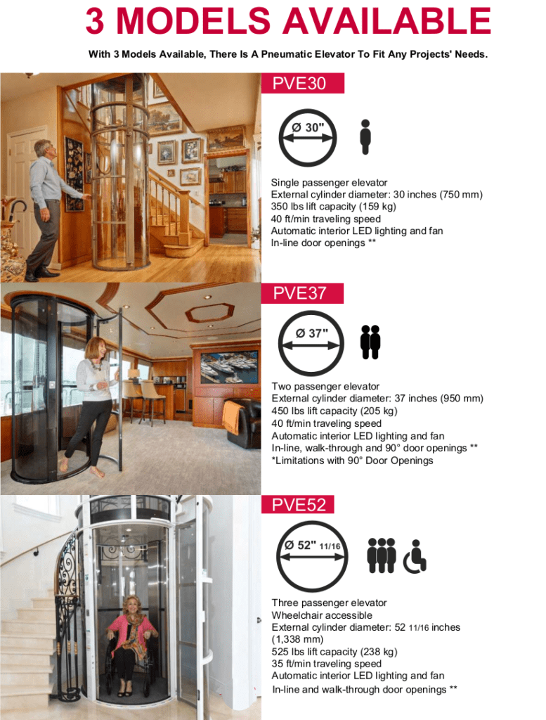 three models of home elevators