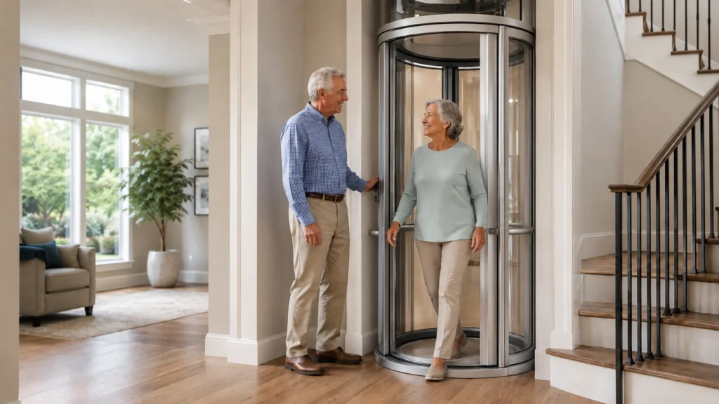 Senior couple using a pneumatic vacuum home elevator in a modern house, showing safe, comfortable, and space-saving mobility for aging in place.