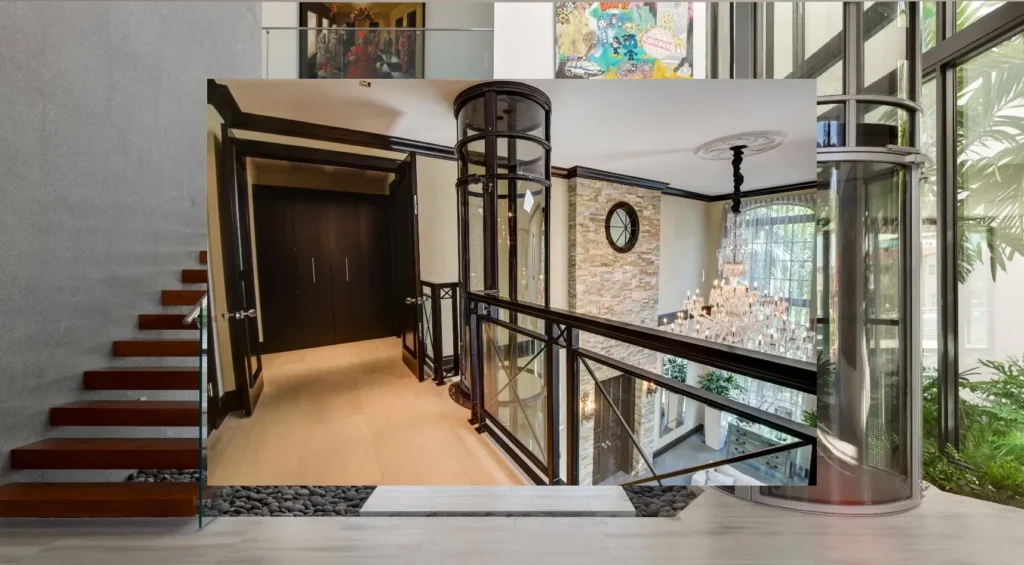 Residential vacuum elevator with backup power support installed in a luxury multi-story home for reliable access during power outages.