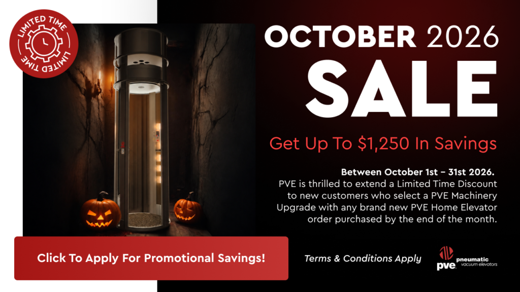 PVE October 2026 home elevator sale banner offering up to $1,250 in promotional savings