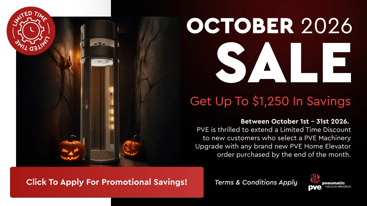 PVE October 2026 home elevator sale banner offering up to $1,250 in promotional savings